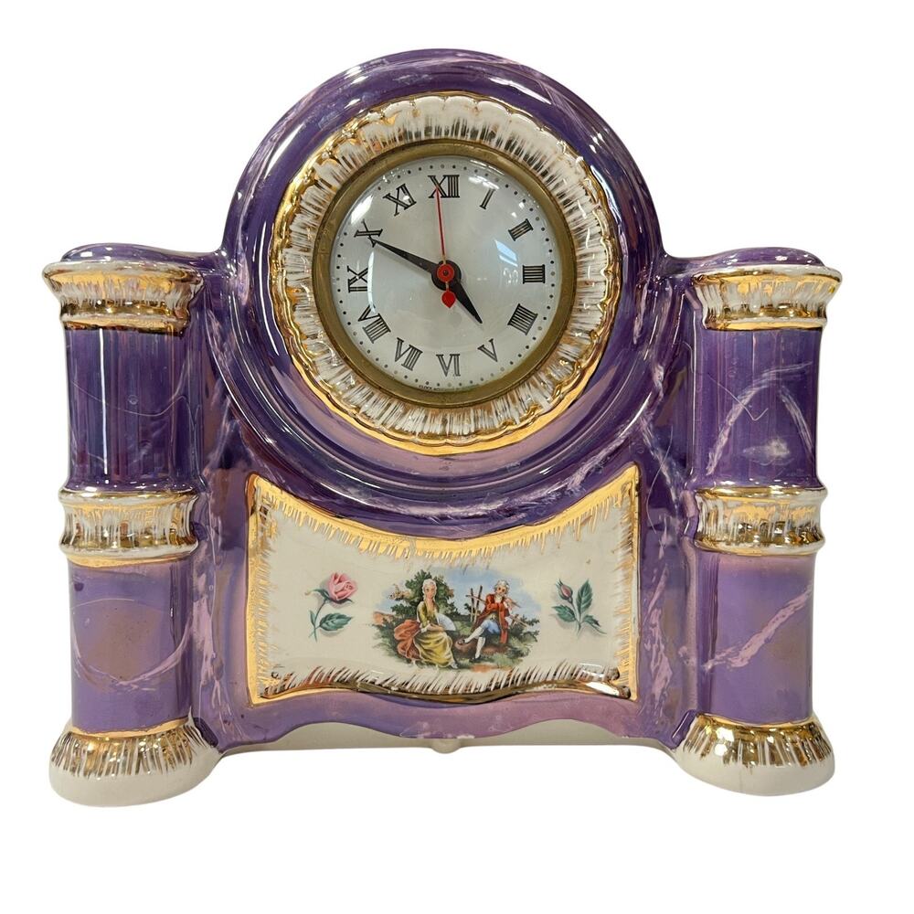 Vintage Sessions Electric Porcelain Mantle Clock Purple Gold Trim 11" WORKING